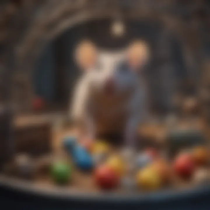 Rat exploring a well-decorated cage with toys