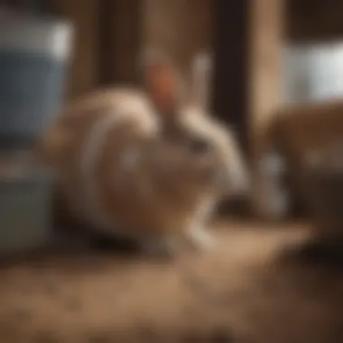 Older rabbit exploring litter box