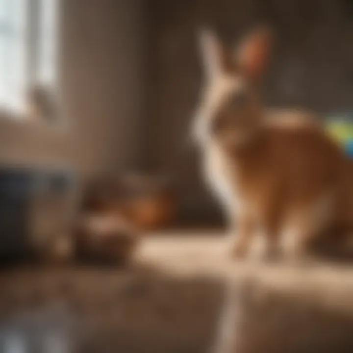 A pet owner engaging positively with a rabbit near a litter box