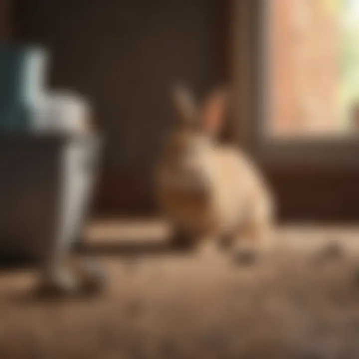 A serene rabbit sitting next to a neatly arranged litter box