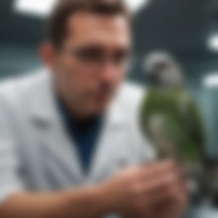 An avian veterinarian examining a bird in a clinic