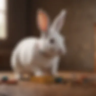 Mini Rex Rabbit Interacting with a Puzzle Feeder Mini Rex rabbit exploring a puzzle feeder