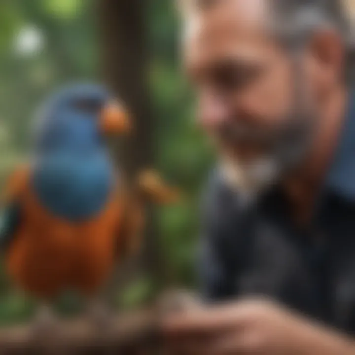 Happy bird owner interacting with a pet bird