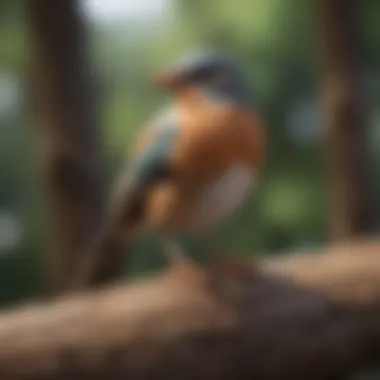 A comfortable bird perched on a natural wood perch