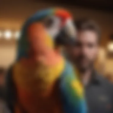 A colorful parrot perched on a vet's shoulder during a consultation