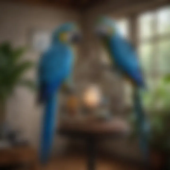 A well-maintained cage setup for a blue macaw in a home environment