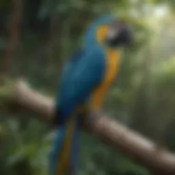 A vibrant blue macaw perched on a branch in a natural habitat