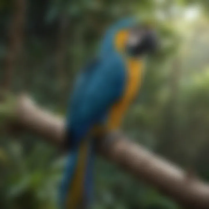 A vibrant blue macaw perched on a branch in a natural habitat