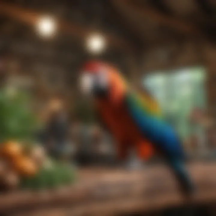 A well-designed indoor environment for a macaw, emphasizing space and enrichment