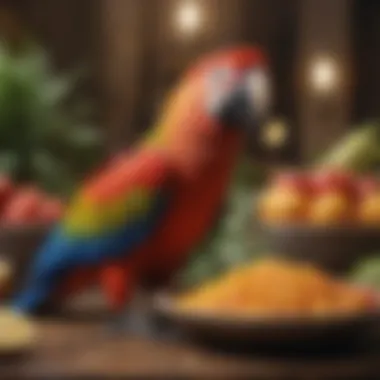 An array of nutritious foods suitable for a macaw's diet, displayed attractively