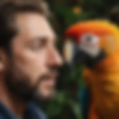 A close-up of a macaw interacting with its owner, highlighting the bond and communication