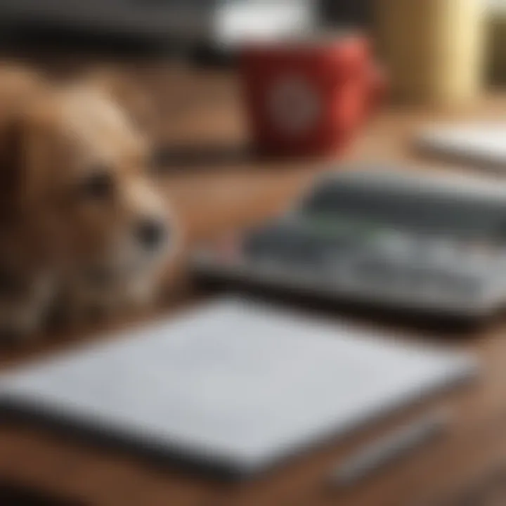 A calculator, notepad, and veterinary bill to represent budgeting.