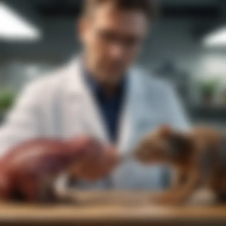 A veterinarian examining a carnivorous pet in a clinical setting.