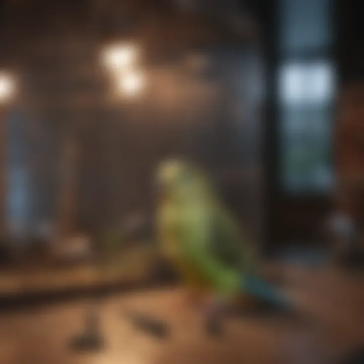 A well-maintained budgie cage with accessories