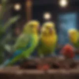Colorful budgies perched in a vibrant environment