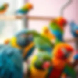 A serene environment showcasing a variety of colorful pet birds.