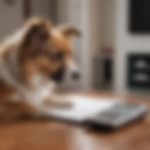 A pet owner reviewing a veterinary bill with a calculator