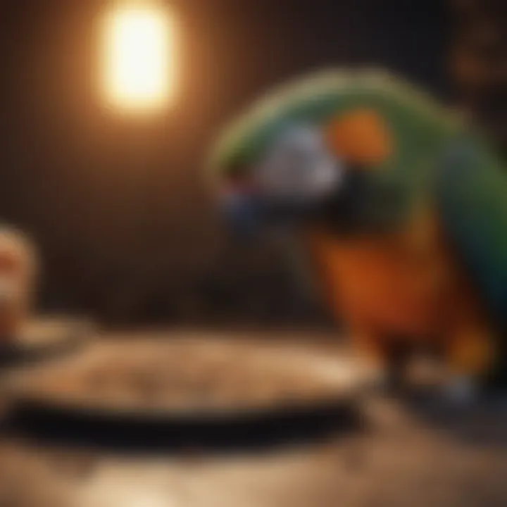 A parrot enjoying a balanced meal of seeds and pellets.