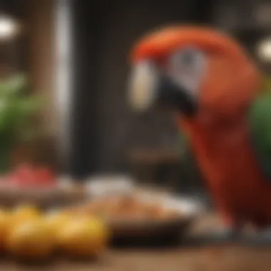 A parrot exploring a variety of safe and enriching food options.