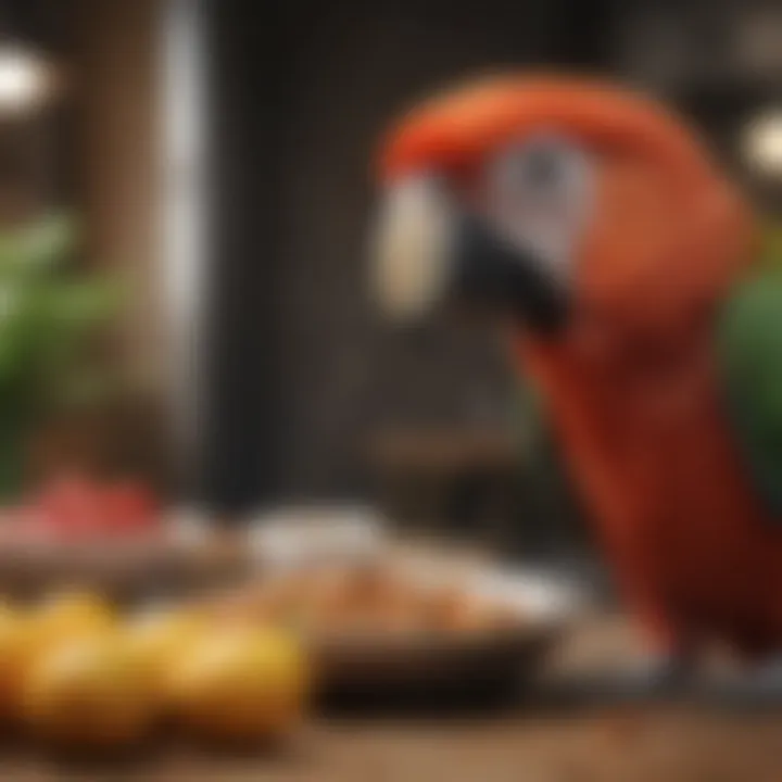A parrot exploring a variety of safe and enriching food options.
