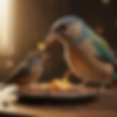 Pet owner feeding small bird with care