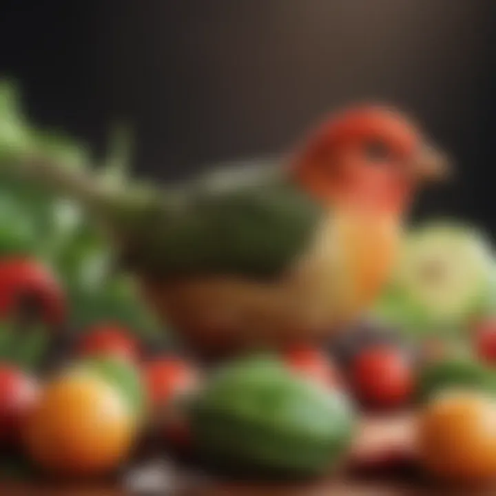 Various fresh fruits and vegetables suitable for small birds