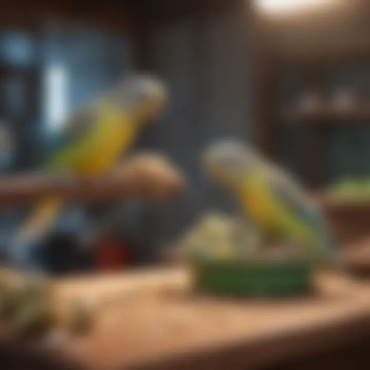 A well-organized feeding station for budgies