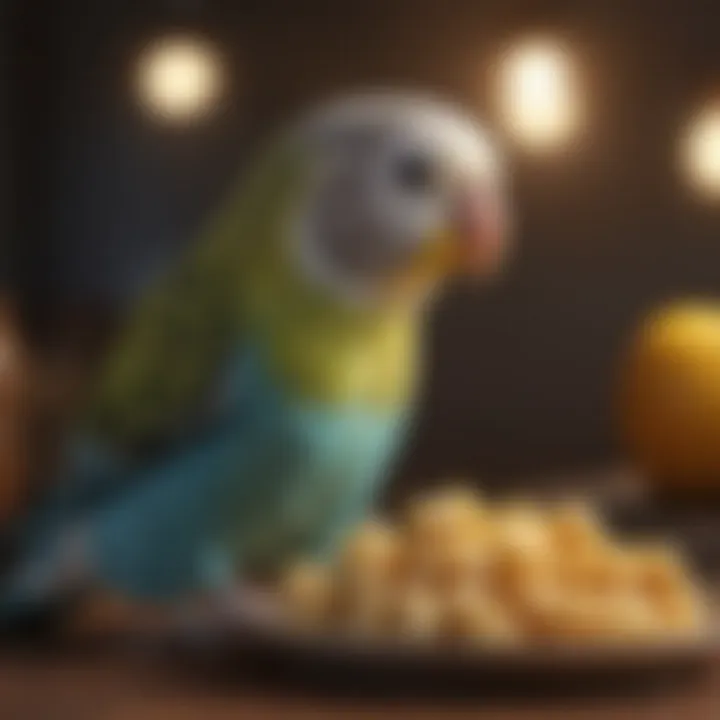 A vibrant budgie enjoying a healthy meal