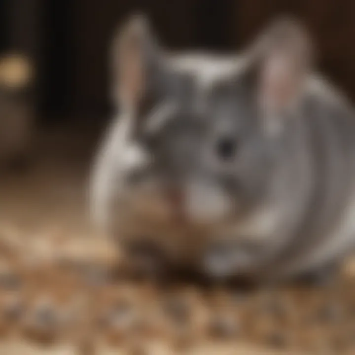 Close-up of a chinchilla happily munching on high-quality pellets.