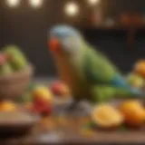 Vibrant parakeets enjoying a variety of seeds and fruits