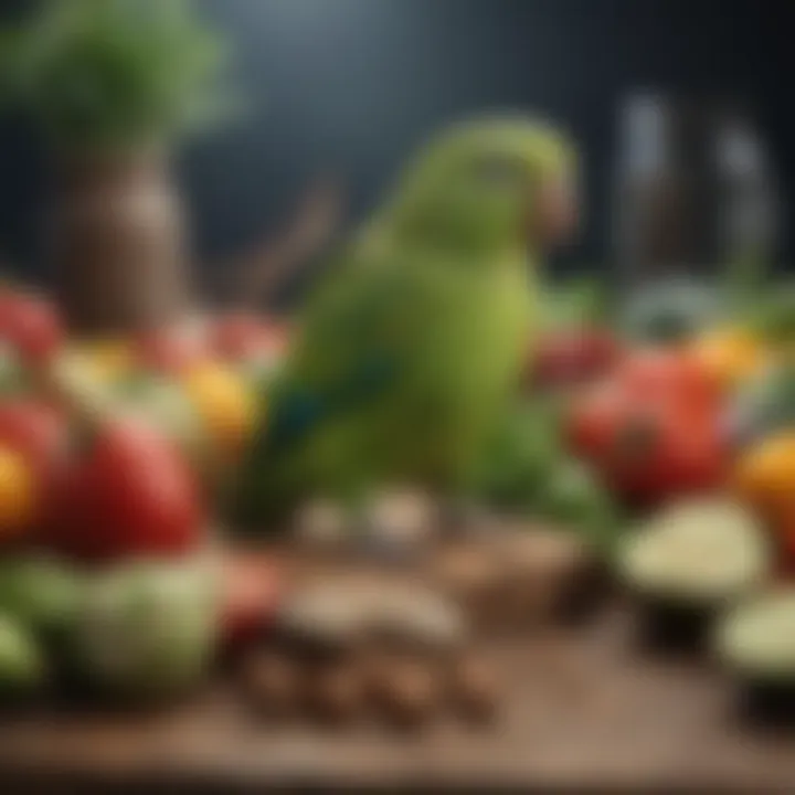 Parakeet exploring fresh vegetables in its habitat