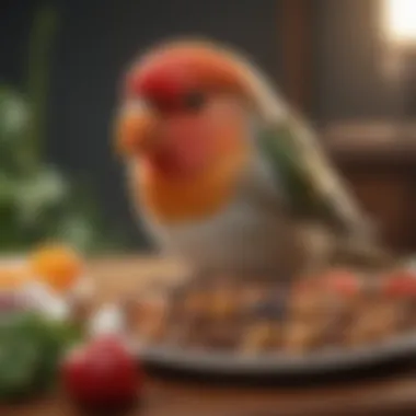 A love bird enjoying a balanced meal with a variety of foods