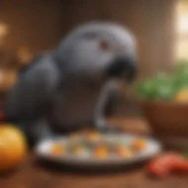 An African Grey parrot enjoying a nutritious meal