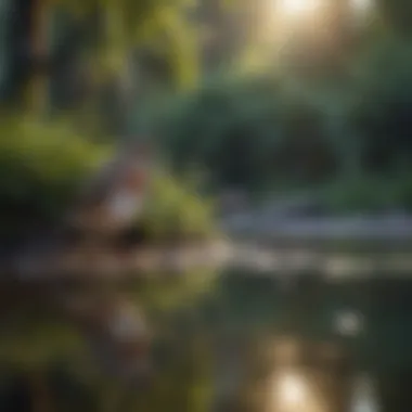 Serene Bird by Water A serene landscape featuring a bird resting near a tranquil water source.