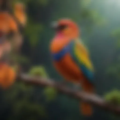 A vibrant bird perched on a branch, showcasing its colorful feathers.