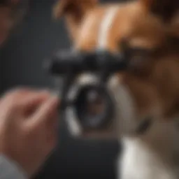 Veterinarian examining a dog's eyes with an ophthalmoscope