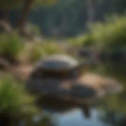 A serene pond habitat designed for aquatic turtles, featuring rocks and water plants.
