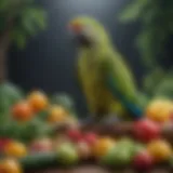 Colorful Amazon parrot perched on a branch surrounded by fresh fruits and vegetables