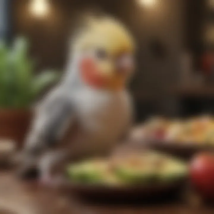 A cockatiel enjoying a variety of fresh foods.