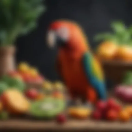 Colorful macaw perched on a branch surrounded by fresh fruits and vegetables