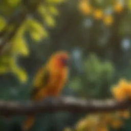 Vibrant sun conure perched on a branch