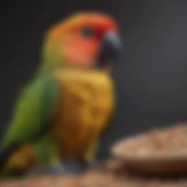 A selection of high-quality commercial bird food specifically formulated for conures