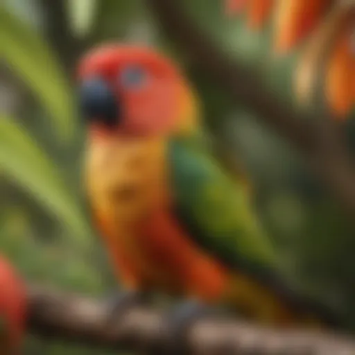 A vibrant conure perched on a tree branch, showcasing its colorful feathers