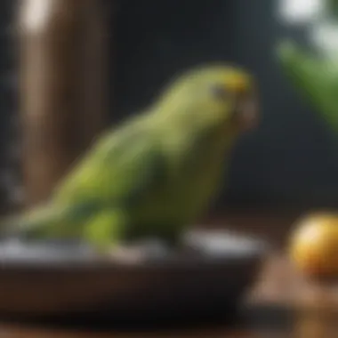 A parakeet enjoying fresh water in a bowl.