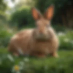 A majestic oversized bunny lounging comfortably in a garden setting, showcasing its size and elegance.