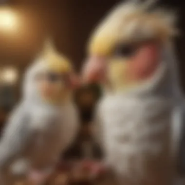 A hand gently interacting with a cockatiel, illustrating social bonding.