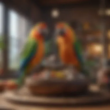 Well-Designed Parrot Habitat An aesthetically arranged parrot habitat featuring toys, perches, and food bowls.