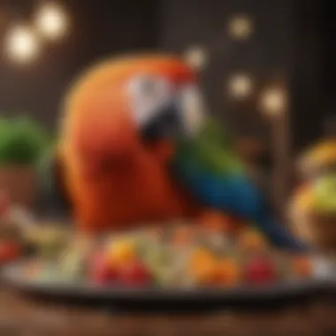 A detailed platter of nutritious parrot food, including fruits, vegetables, and seeds.