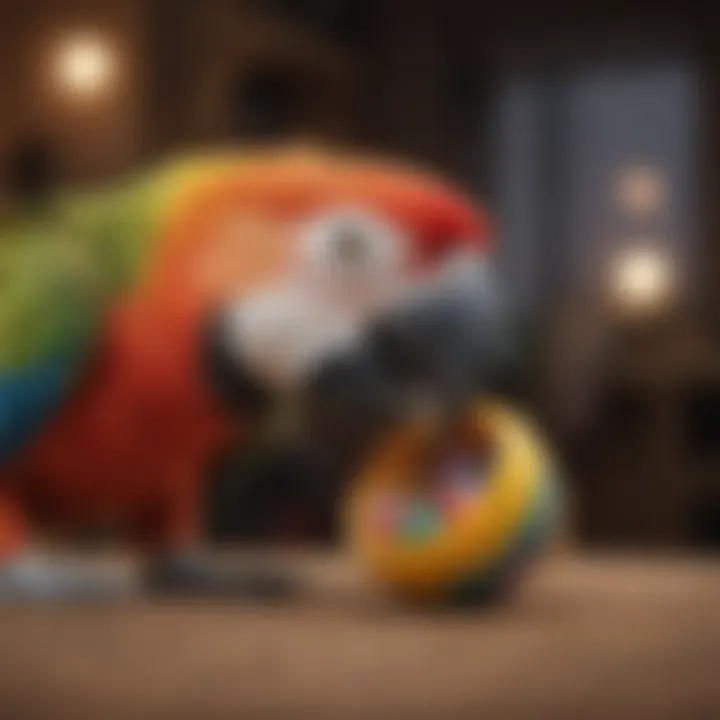 A close-up of a parrot playing with a toy, illustrating its playful behavior.