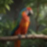 A vibrant parrot perched on a tree branch, showcasing its colorful plumage.